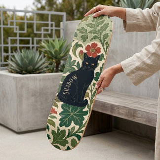 Mystische Schwarze Katze Botanicals Grüne Blätter Skateboard