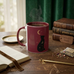 Mystische schwarze Katze & Himmelmond Burgunder Tasse