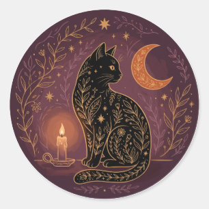 Mystische schwarze Katze, himmlische Hexe, Hallowe Runder Aufkleber