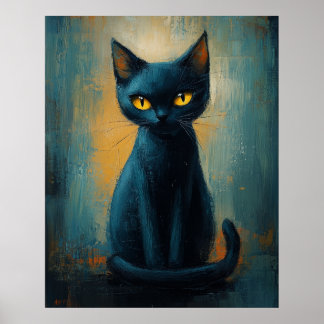 Mystische schwarze Katze in Türkisschatten Poster