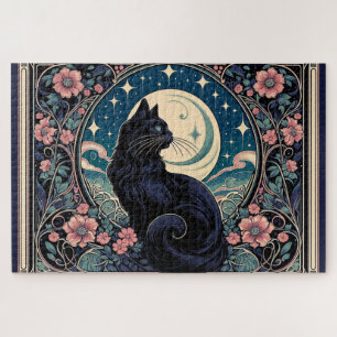Mystische schwarze Katze Jugendstil Metalldrucke Puzzle