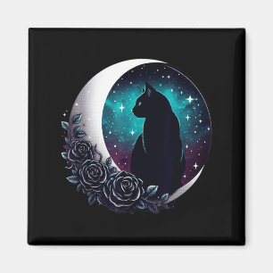 Mystische schwarze Katze mit Mond und Rosen Himmel Magnet