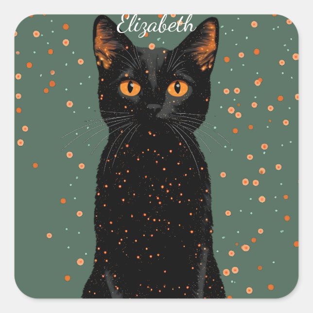Mystische schwarze Katze mit orangefarbenen Augen  Quadratischer Aufkleber (Vorderseite)