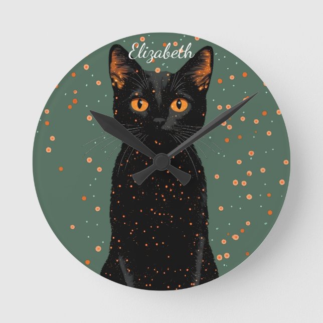 Mystische schwarze Katze mit orangefarbenen Augen  Runde Wanduhr (Vorderseite)