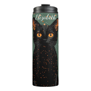 Mystische schwarze Katze mit orangefarbenen Augen  Thermosbecher