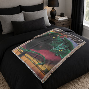 Mystische schwarze Katze Smaragdgrüner Drache Fant Decke