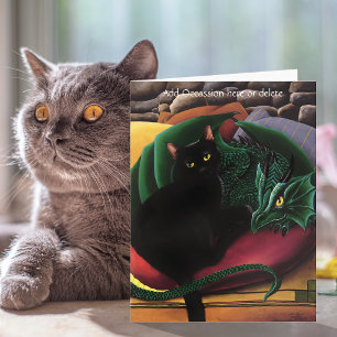Mystische schwarze Katze Smaragdgrüner Drache Fant Karte