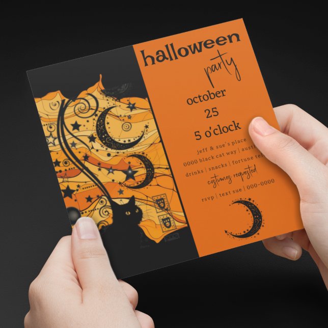 Mystische schwarze Katze und Himmelssymbole Hallow Einladung (Mystical black hat and celestial symbols on customizable Halloween Party Invitations )