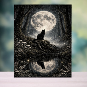 Mystische schwarze Katze unter dem Vollmondwald Acrylschild