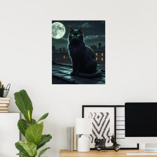 Mystische schwarze Katze unter Vollmond Poster