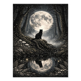 Mystische schwarze Katze unter Vollmondwaldplakat Fotodruck