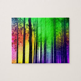Mystische schwarze Silhouetten im Regenbogenwald Puzzle