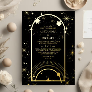 Mystische Schwarzgoldene Himmelssterne Hochzeit Folieneinladung