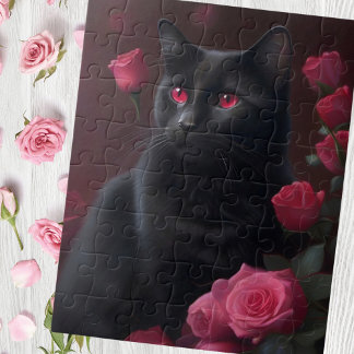 Mystische Schwarzkatze und blühende Rose Puzzle