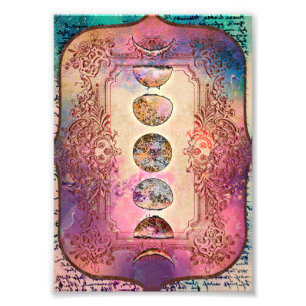 Mystische Vintage-Pastell-Wasserfarben-Mondphasen- Fotodruck