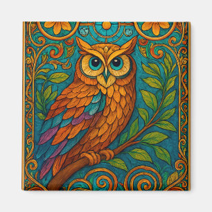 Mystische Volkskunst-Eulen-Illustration – Boho Vin Magnet