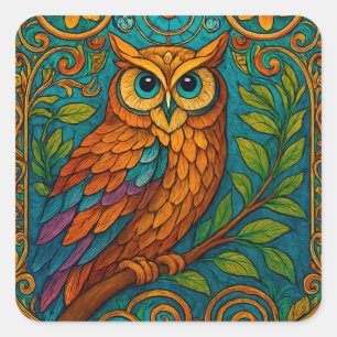 Mystische Volkskunst-Eulen-Illustration – Boho Vin Quadratischer Aufkleber