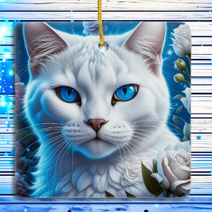 Mystische weiße Katze mit blauen Augen Weihnachten Keramikornament