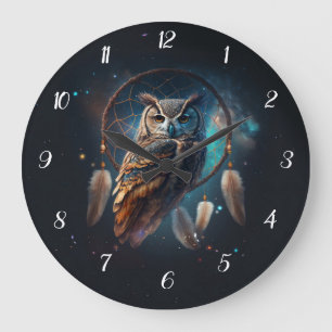 Mystische Weltraum-Eule mit Dreamcatcher-Kunst Große Wanduhr