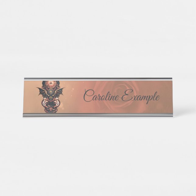 Mystische Zeitreise mit Flügeln, Steampunkuhr. Schreibtischnamensplakette (Vorderseite )