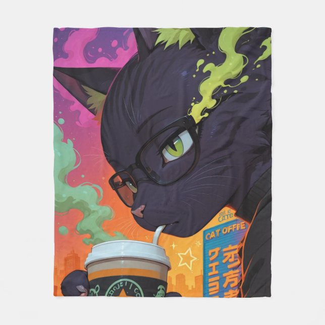 Mystischer Anime-Schwarzer Kater Fleecedecke (Vorderseite)