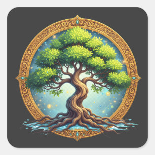 Mystischer Baum des Lebens Gold-Filigran Spirituel Quadratischer Aufkleber
