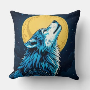 Mystischer blauer Wolf heult bei Vollmond Kissen