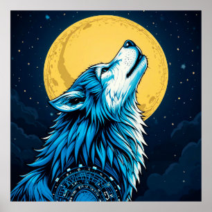 Mystischer blauer Wolf heult bei Vollmond Poster