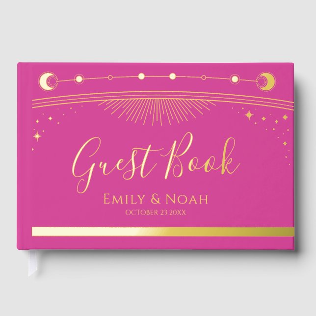Mystischer Chic Pink Gold Sun Moon Stars Hochzeit Gästebuch (Vorderseite)