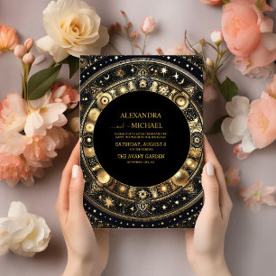 Mystischer Chic Schwarz Gold Sonne Mond Hochzeit Einladung