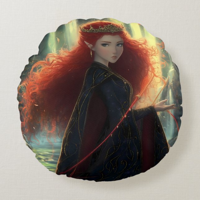 Mystischer Elf in einem Fantasy-Wald Rundes Kissen (Vorderseite)