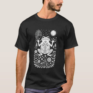 Mystischer Frosch Mond Linolschnitt Kunst Wald Mon T-Shirt