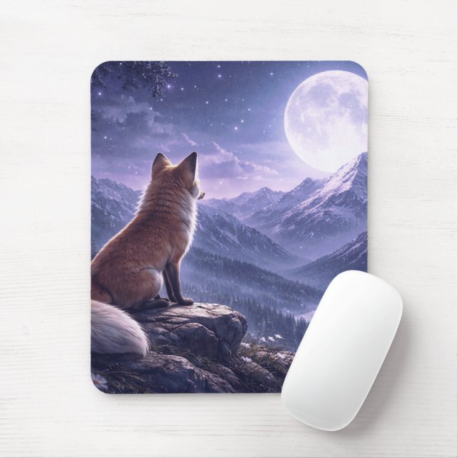 Mystischer Fuchs und riesiger Mond über schneebede Mousepad (Mit Mouse)