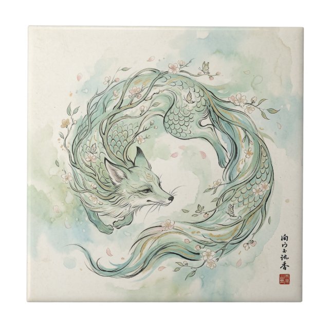 Mystischer Fuchsdrache Wasserfarbenkunst (1) Fliese (Vorderseite)
