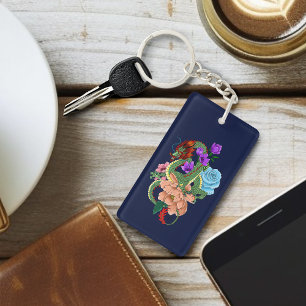 Mystischer grüner chinesischer Drache, florale Nav Schlüsselanhänger