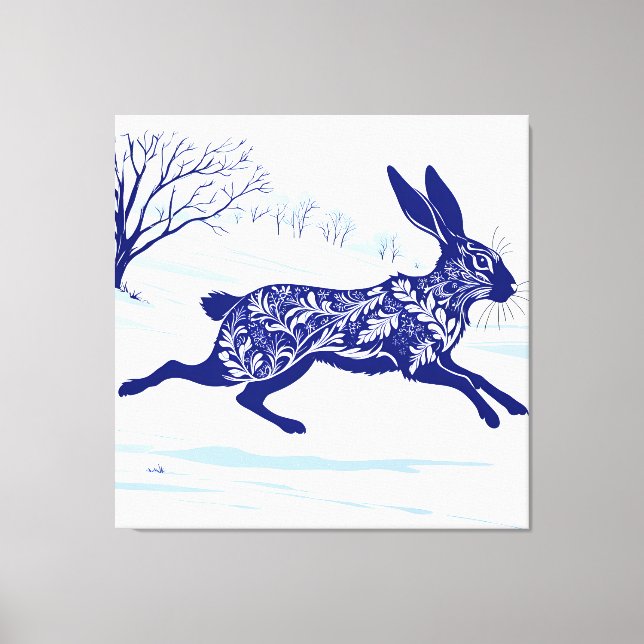 Mystischer Hase: Whimsischer Hase im Schnee Leinwanddruck (Vorderseite)