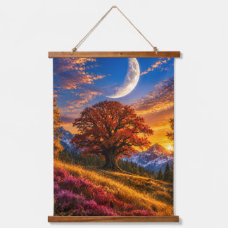 Mystischer Herbst-Eichenbaum-Halbmond Wandteppich Mit Holzrahmen