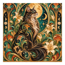 Mystischer Katze und Mond Art Nouveau Poster