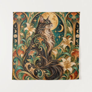 Mystischer Katze und Mond Art Nouveau Wandteppich