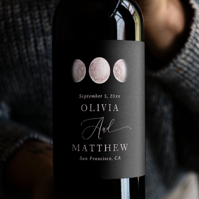 Mystischer Mond. Elegante schwarze Hochzeit Weinetikett (Von Creator hochgeladen)