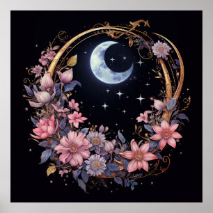 Mystischer Mond und Blumen Poster