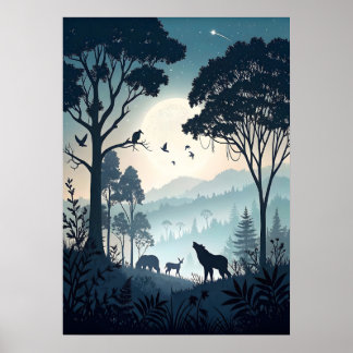 Mystischer Nachtwald mit silberner Tierwelt Poster