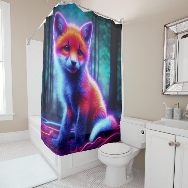 Mystischer Neonfuchs in glühendem verzaubertem Wal Duschvorhang (Beispiel)