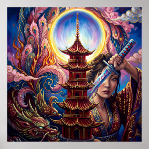 Mystischer Pagoden-Kunstprint – Surrealistische sp Poster