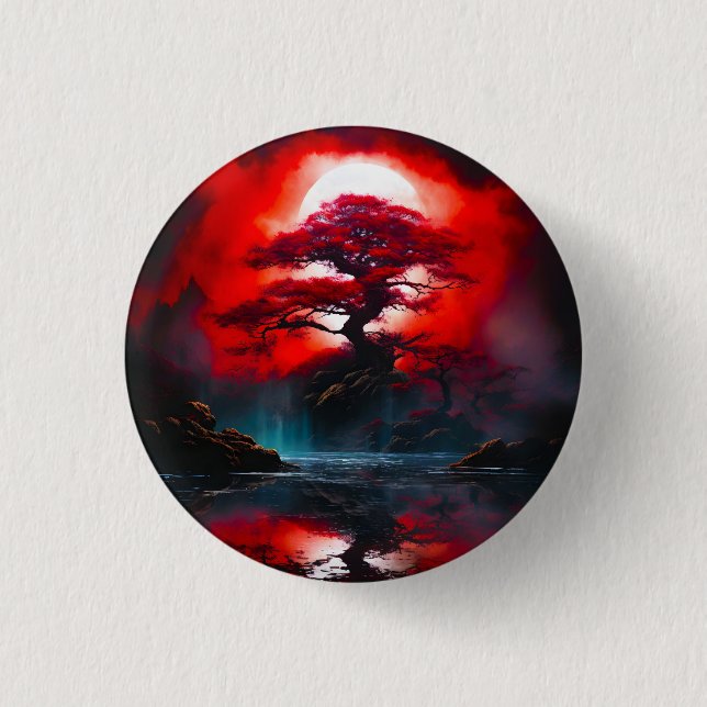 Mystischer roter Baum unter Vollmond Button (Vorderseite)