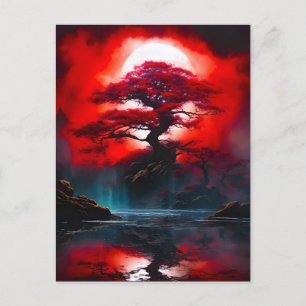 Mystischer roter Baum unter Vollmond Feiertagspostkarte