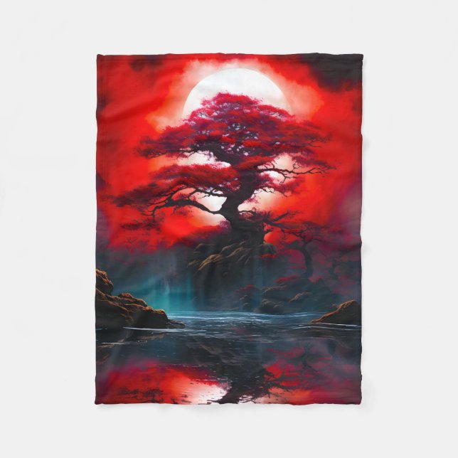 Mystischer roter Baum unter Vollmond Fleecedecke (Vorderseite)