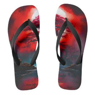 Mystischer roter Baum unter Vollmond Flip Flops