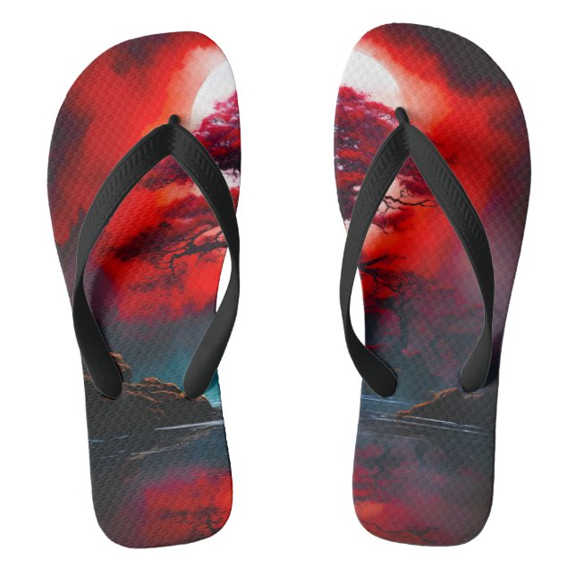 Mystischer roter Baum unter Vollmond Flip Flops (Fußbett)