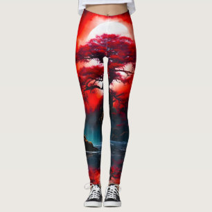 Mystischer roter Baum unter Vollmond Leggings